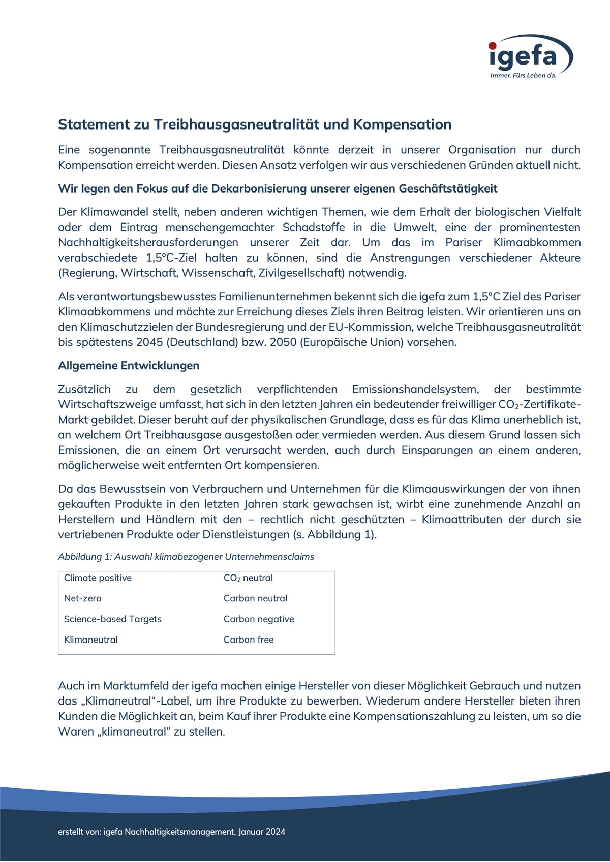 Titelseite igefa-Statement zu Treibhausgasneutralität und Kompensation