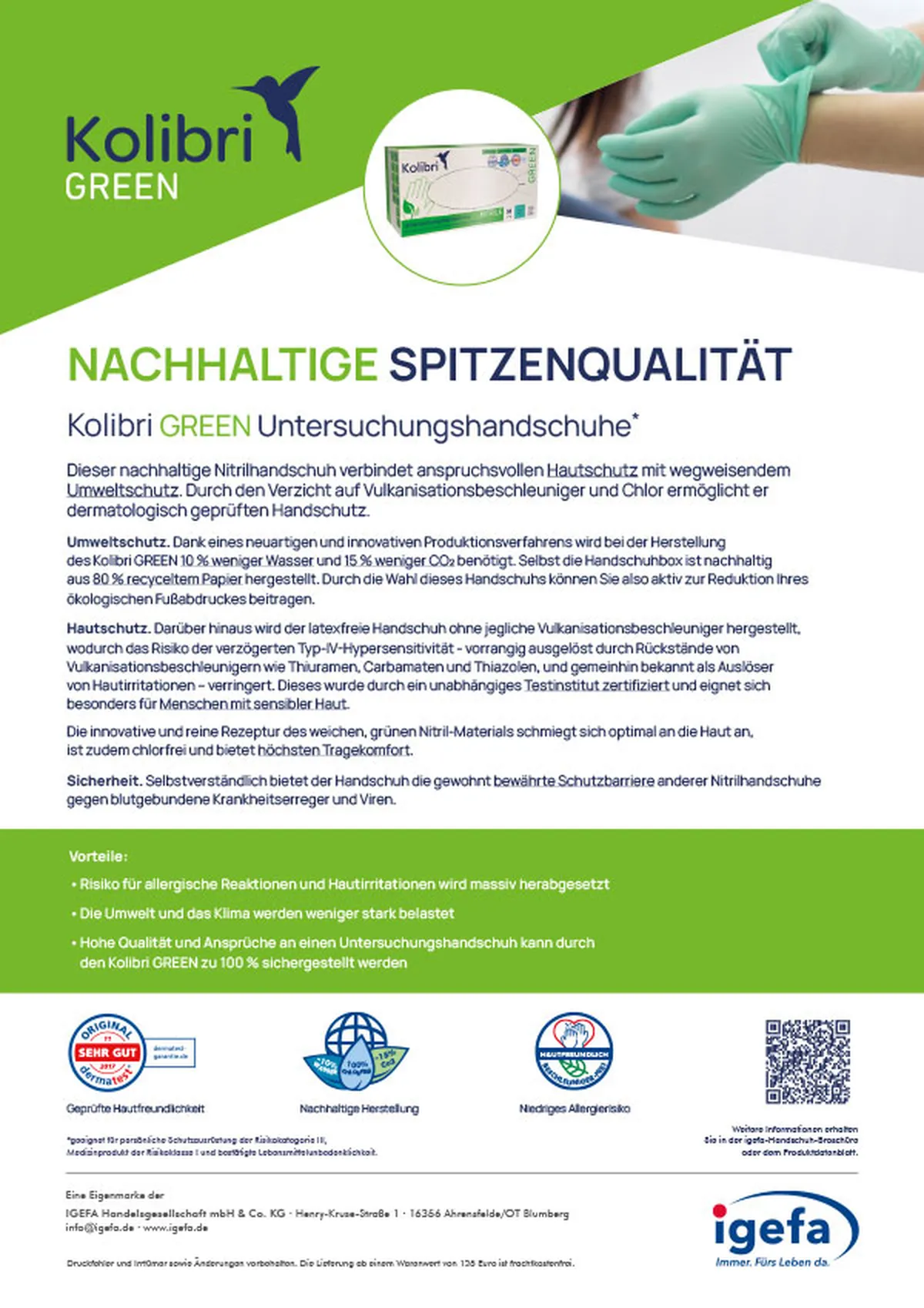 Flyer Kolibri GREEN mit Überschrift NACHHALTIGE SPITZENQUALITÄT