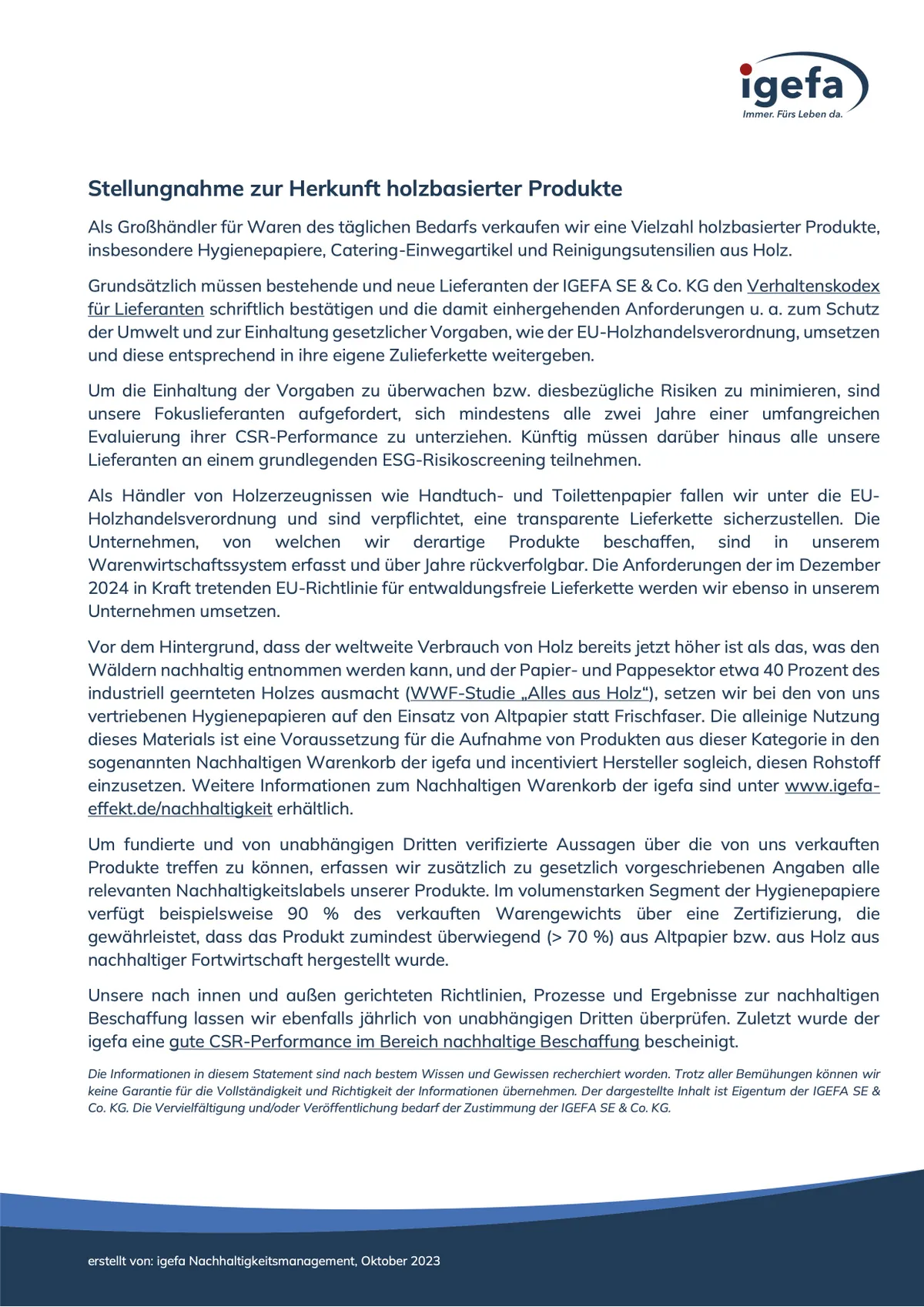 igefa Statement zur Herkunft holzbasierter Produkte
