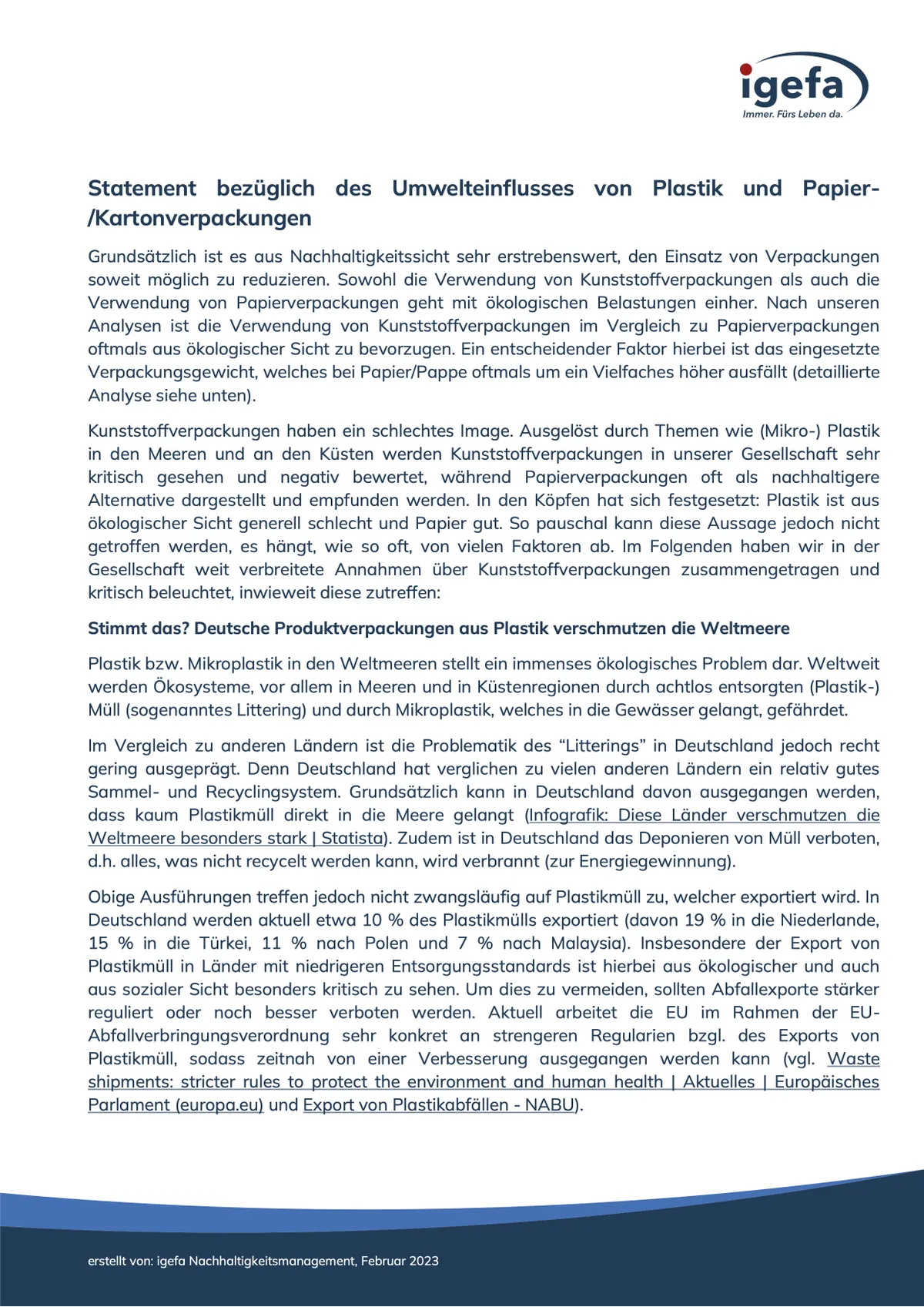 IGEFA-Statement zum Umwelteinfluss von Plastik und Papier