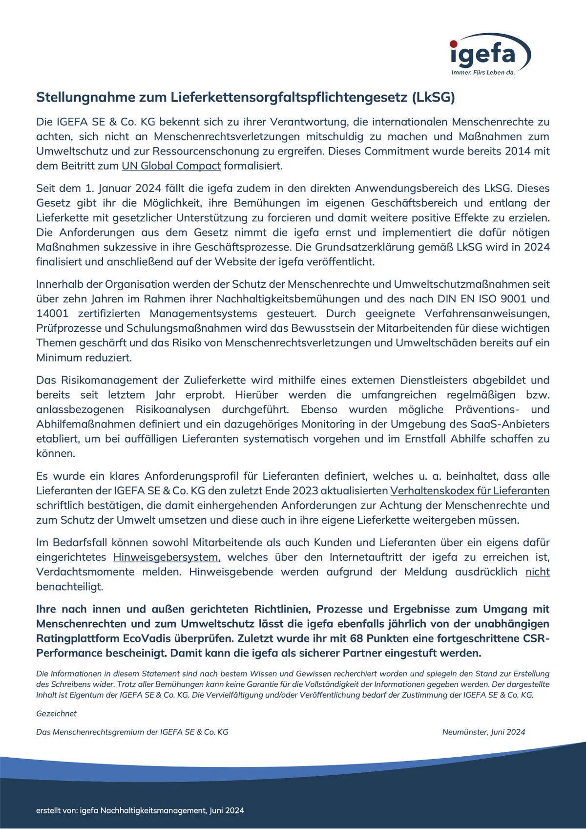 IGEFA-Statement zum Lieferkettensorgfaltspflichtengesetz (LkSG)