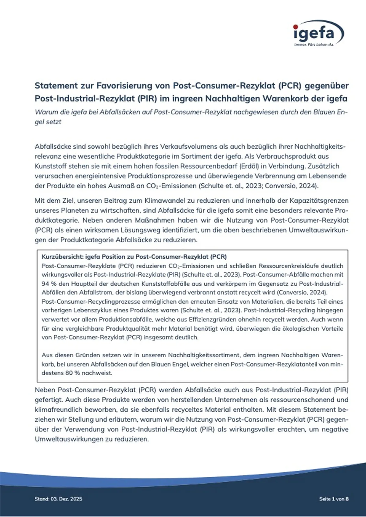 igefa Statement zur Favorisierung von Post-Consumer-Rezyklaten