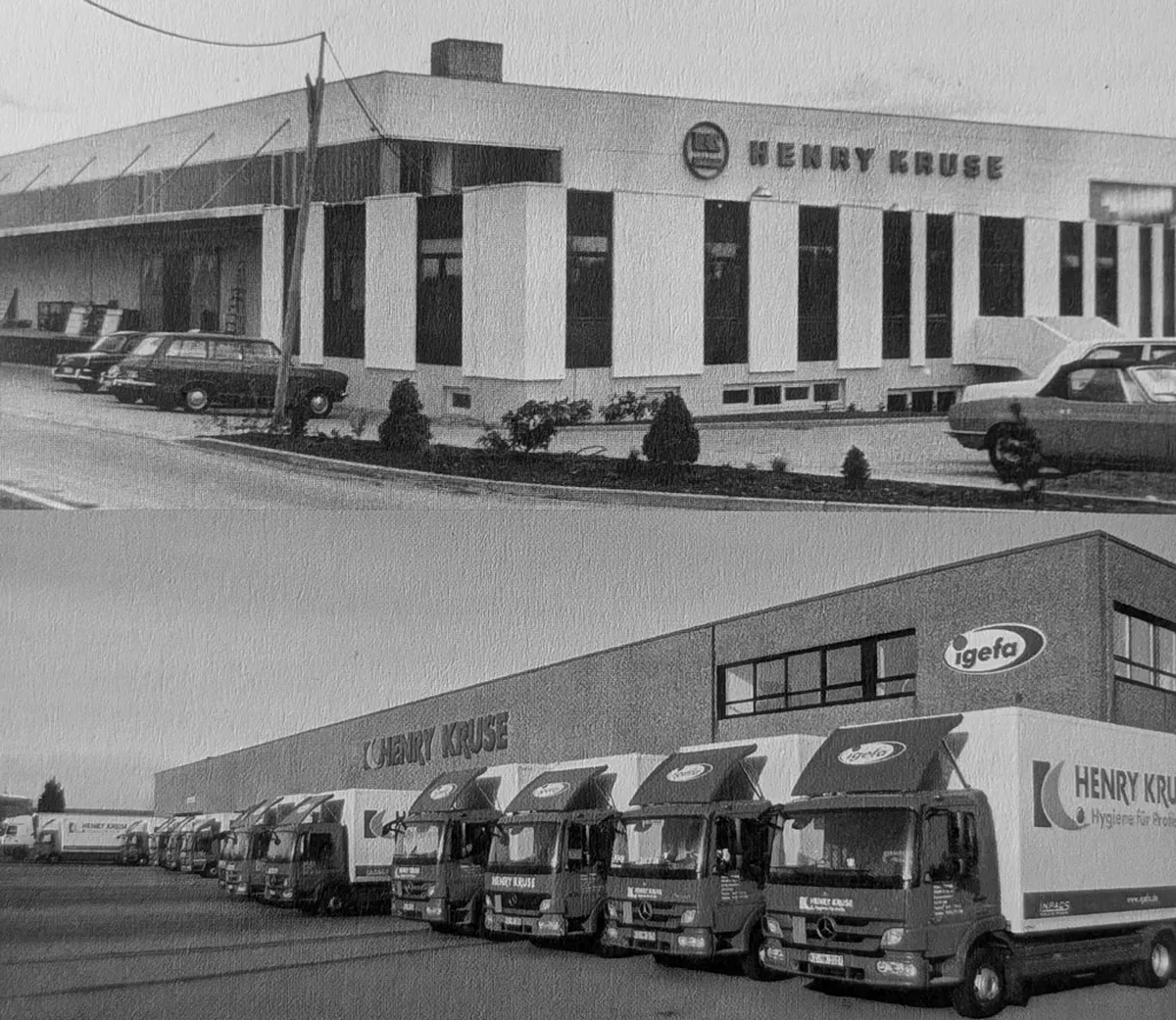 Oben 1970er: Henry Kruse, Firmensitz Barkauer Straße in Kiel, unten Firmensitz Bunsenstraße in Kiel