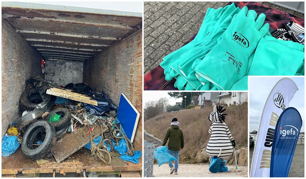 Collage: Müllsammlung am Strand, türkise Handschuhe, gefüllter Lkw