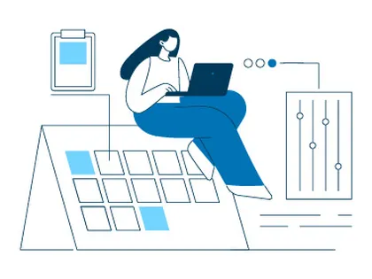 Illustration: Frau mit Laptop auf großem Kalenderblatt