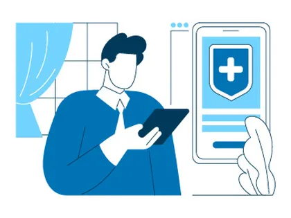 Illustration: Mann mit Tablet, Smartphone mit Schutzschild-Symbol