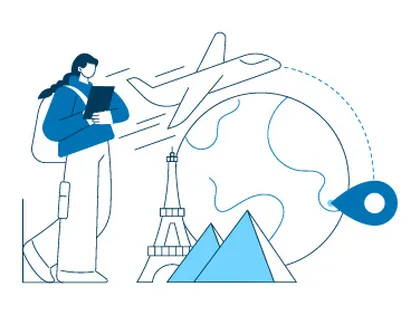 Illustration: Person mit Klemmbrett vor Flugzeug, Globus und Eiffelturm