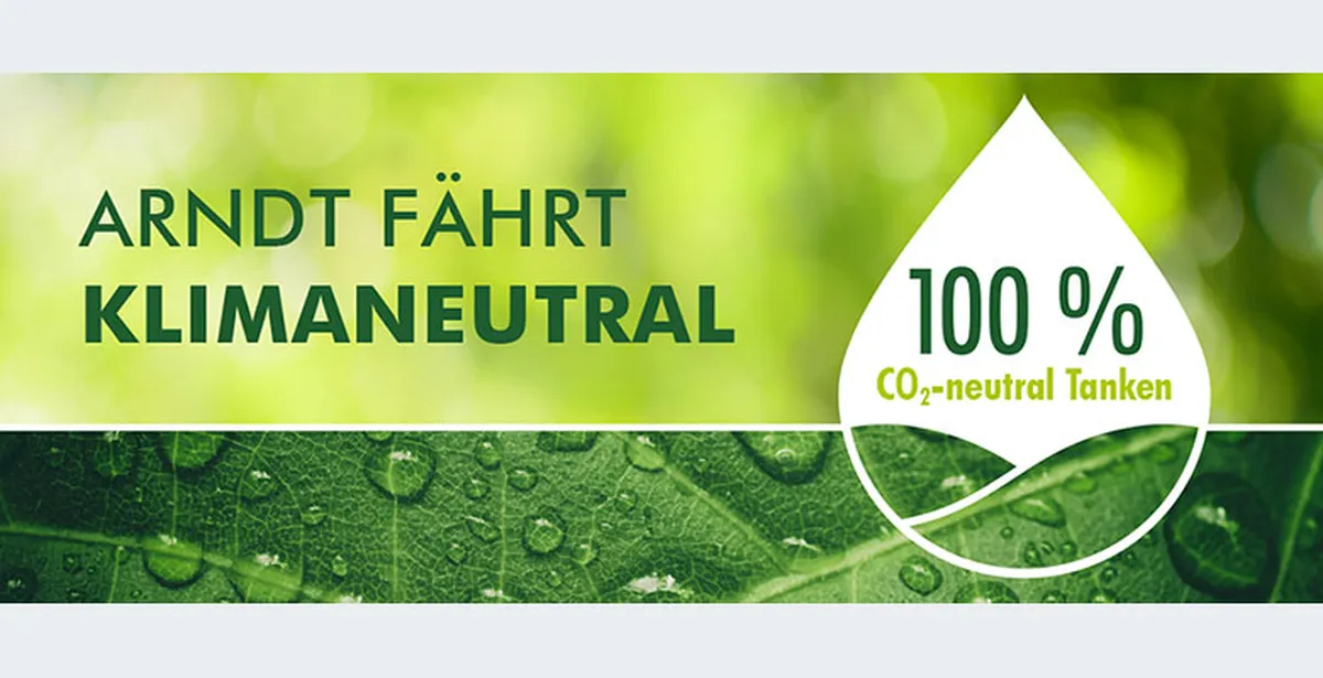 Schriftzug Arndt fährt klimaneutral neben Tropfen 100 % CO2-neutral Tanken