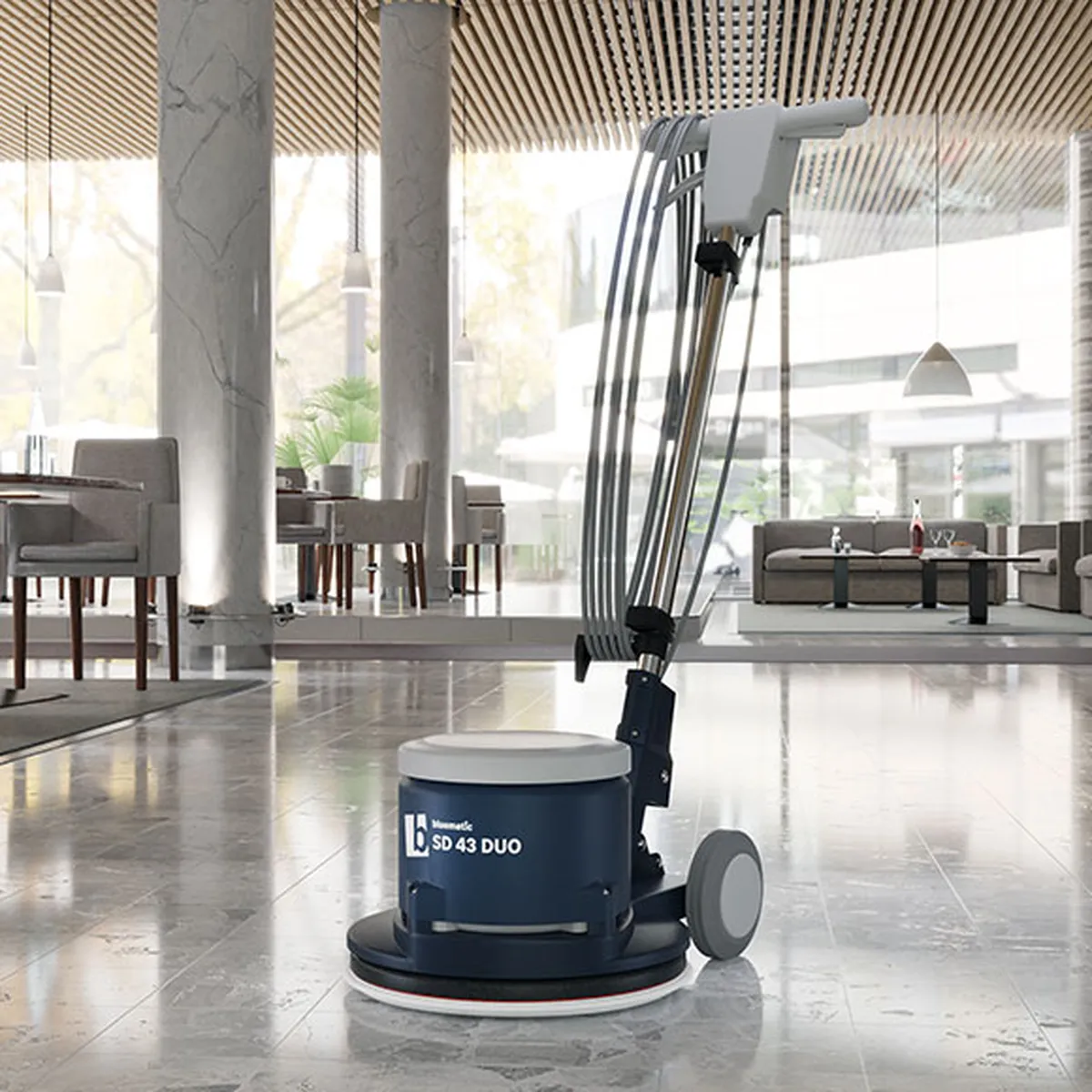 Einscheibenmaschine bluematic SD 43 DUO auf Marmorboden in Hotellobby