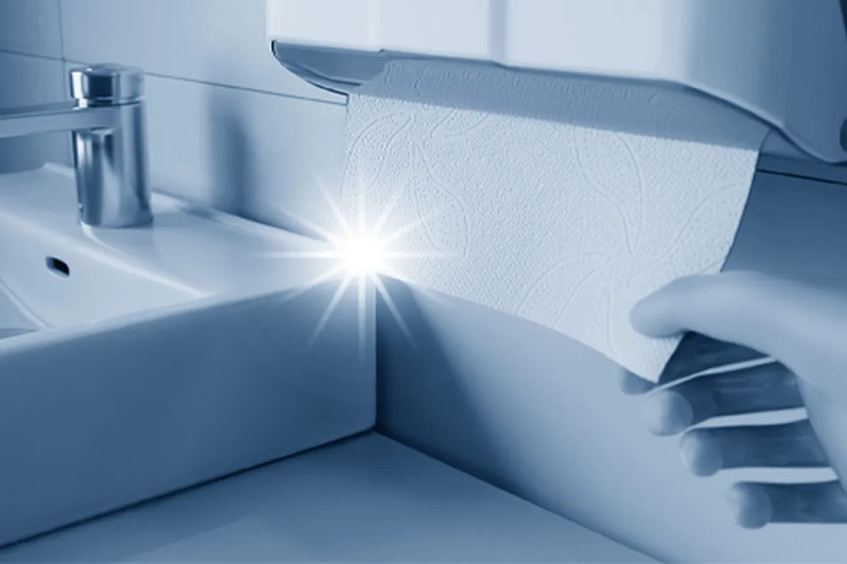 Hand zieht Papierhandtuch aus Spender über Waschbecken